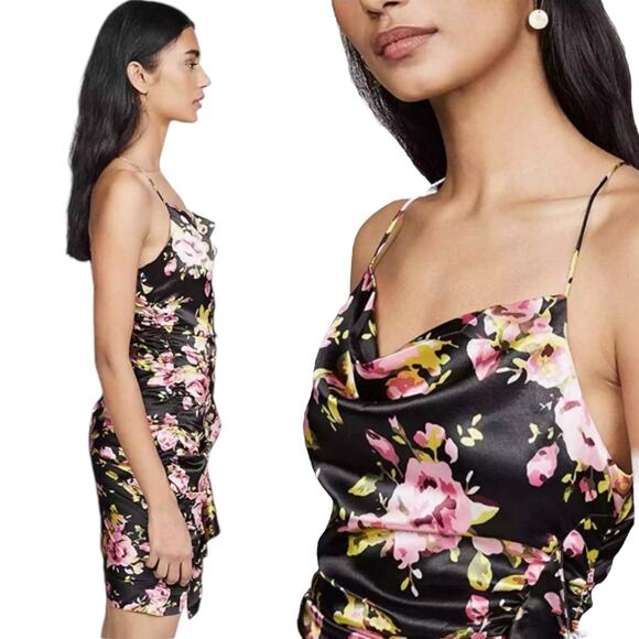 Likely Asta Floral Print Satin Mini Dress Ruffle Side Ruch Size 6 - Picture 2 of 12